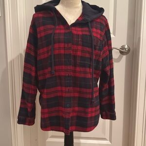 American Eagle Flannel with sweatshirt material hood. Super cute!